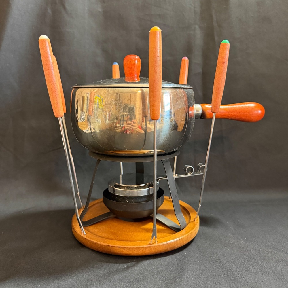 Vintage Fondue Set Stainless Steel Wood‎ Base 6 Forks Sterno Burner MCM Style